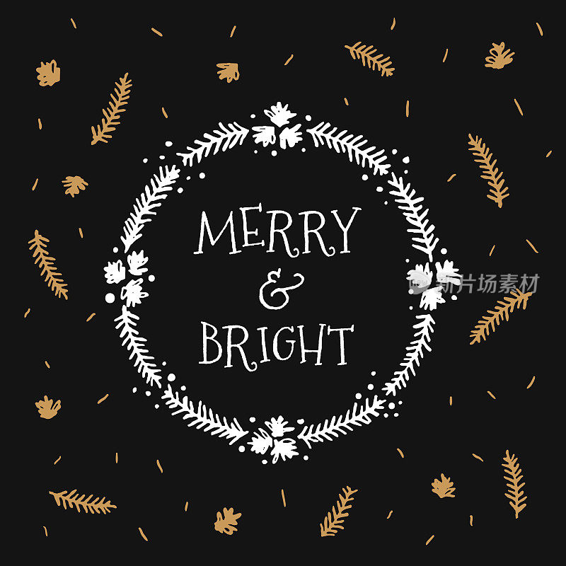 圣诞卡手绘花环和字母。装饰花环与书法Merry & Bright在黑暗的背景。矢量假日网页横幅。